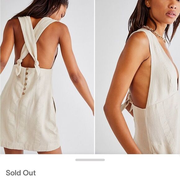 Free People Robin Apron Plunge V Neck Criss Cross Back Mini Dress Linen  XS NWT - Picture 2 of 10